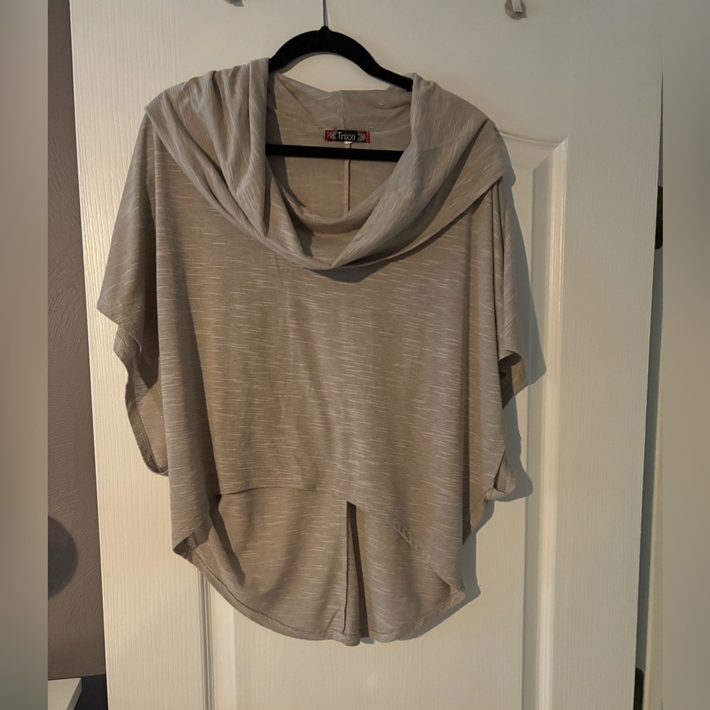 Two Cowl Neck Poncho Tops.  One Taupe Cowl Neck Poncho Top and One in Black.